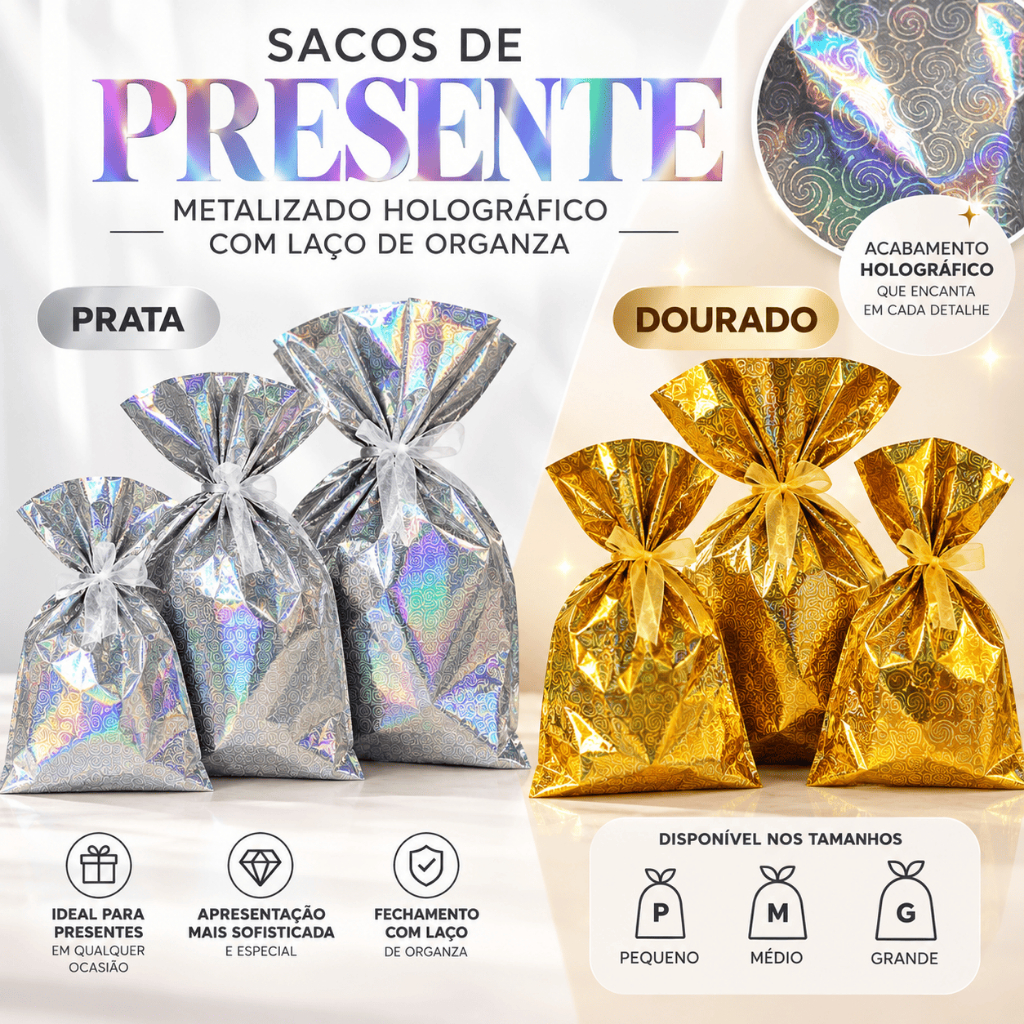 Saco Sacola Presente Metalizado Holográfico Laço Organza Natal Pequeno Médio Grande Embalagem Fina Kit