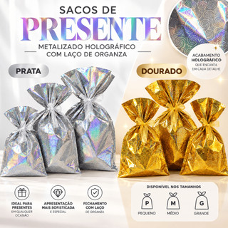 Saco Sacola Presente Metalizado Holográfico Laço Organza Natal Pequeno Médio Grande Embalagem Fina Kit