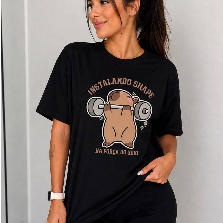 Camiseta Feminina Capivara Academia Estampada Fitness Oversized