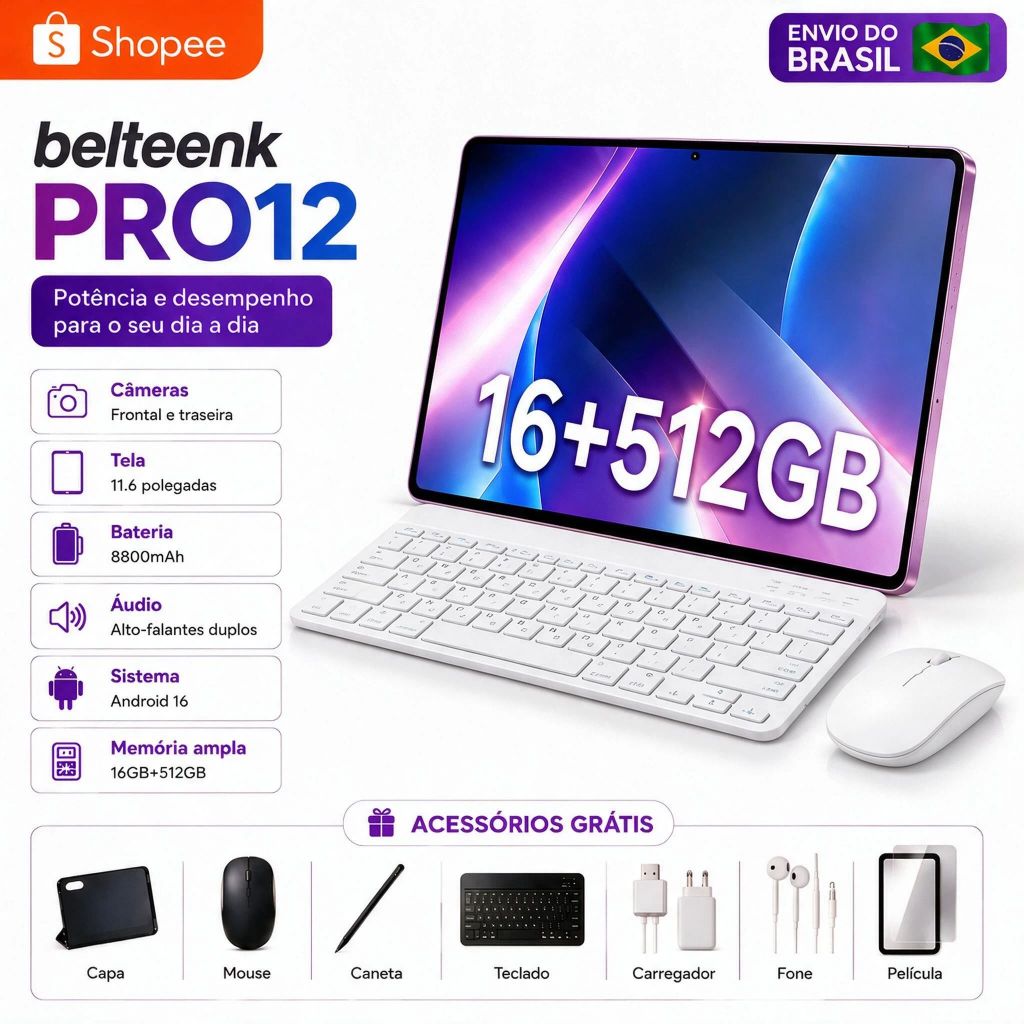 belteenk Tablet Pro12 Combo com Teclado e Mouse -11.6"inch 16GB+512GB Android com 8800mAh Ideal para Estudos e Jogos