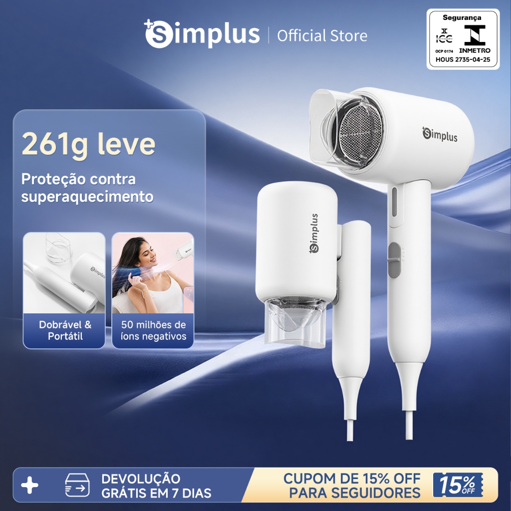 Simplus Secador de Cabelo 1200W 127V Dobrável Portátil Anti-frizz 3 Velocidades Rápido 60s CFJH008