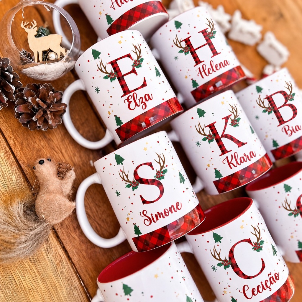Caneca Xícara Porcelana Natal Alfabeto Xadrez Personalizada ( Com Nome ) Para Presente