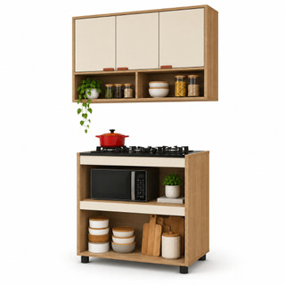 KIT Cozinha Moderna Balcão Cooktop 4 e 5 Bocas + Armário Suspenso 3 Portas
