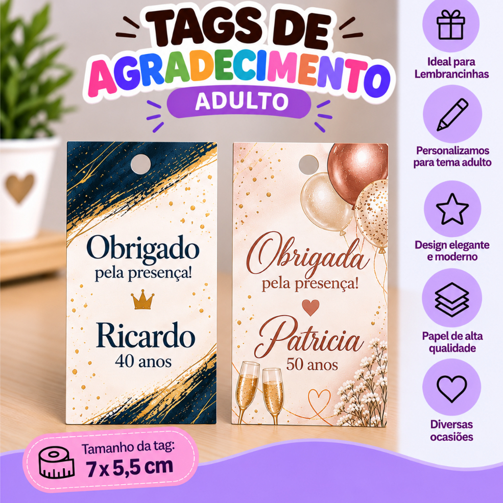 Tag de Agradecimento Personalizada Aniversário Adulto 7,5x5 cm Lembrancinha