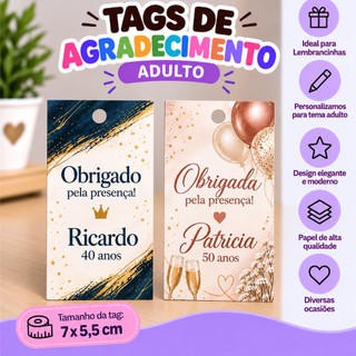 Tag de Agradecimento Personalizada Aniversário Adulto 7,5x5 cm Lembrancinha