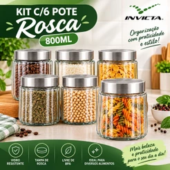Kit c/6 Unid Pote Redondo 800ml Vidro Canelado Tampa Inox Rosca Invicta