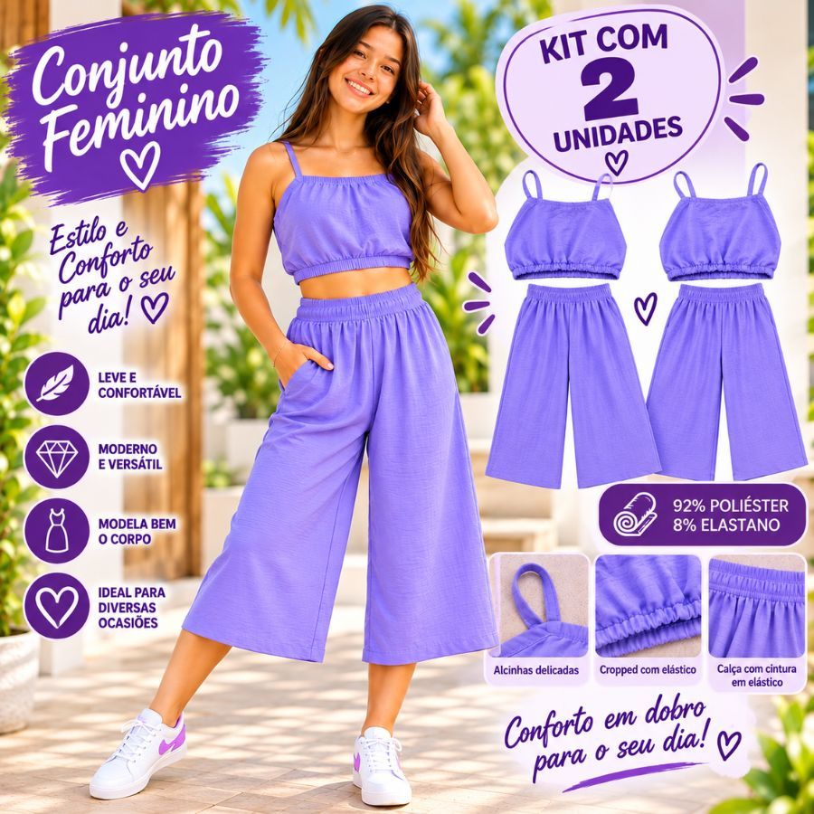 Conjunto Feminino Roxo Cropped de Alcinhas com Calça Pantalona Soltinha – Look Feminino Elegante, Moderno e Confortável