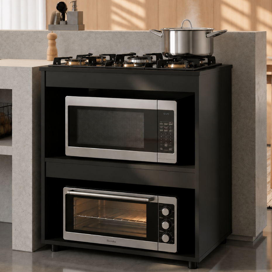 Balcão p/ Cooktop 4 ou 5 Bocas Cozinha Moderna Madeira Armário 2 Nichos Organizador Tampo Blue Moby