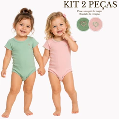 Kit 2 Peças Body Bebê Menina Manga Curta Picueta Bordado Coração Ribana Canelada Liso Enxoval
