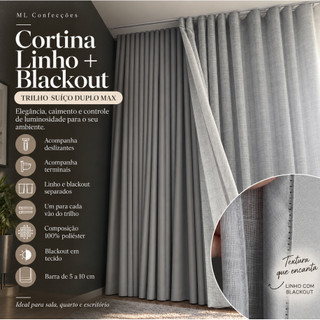 Cortina Voil Linho Forro Blackout Largura 6,00 Metros Trilho Suíço Duplo