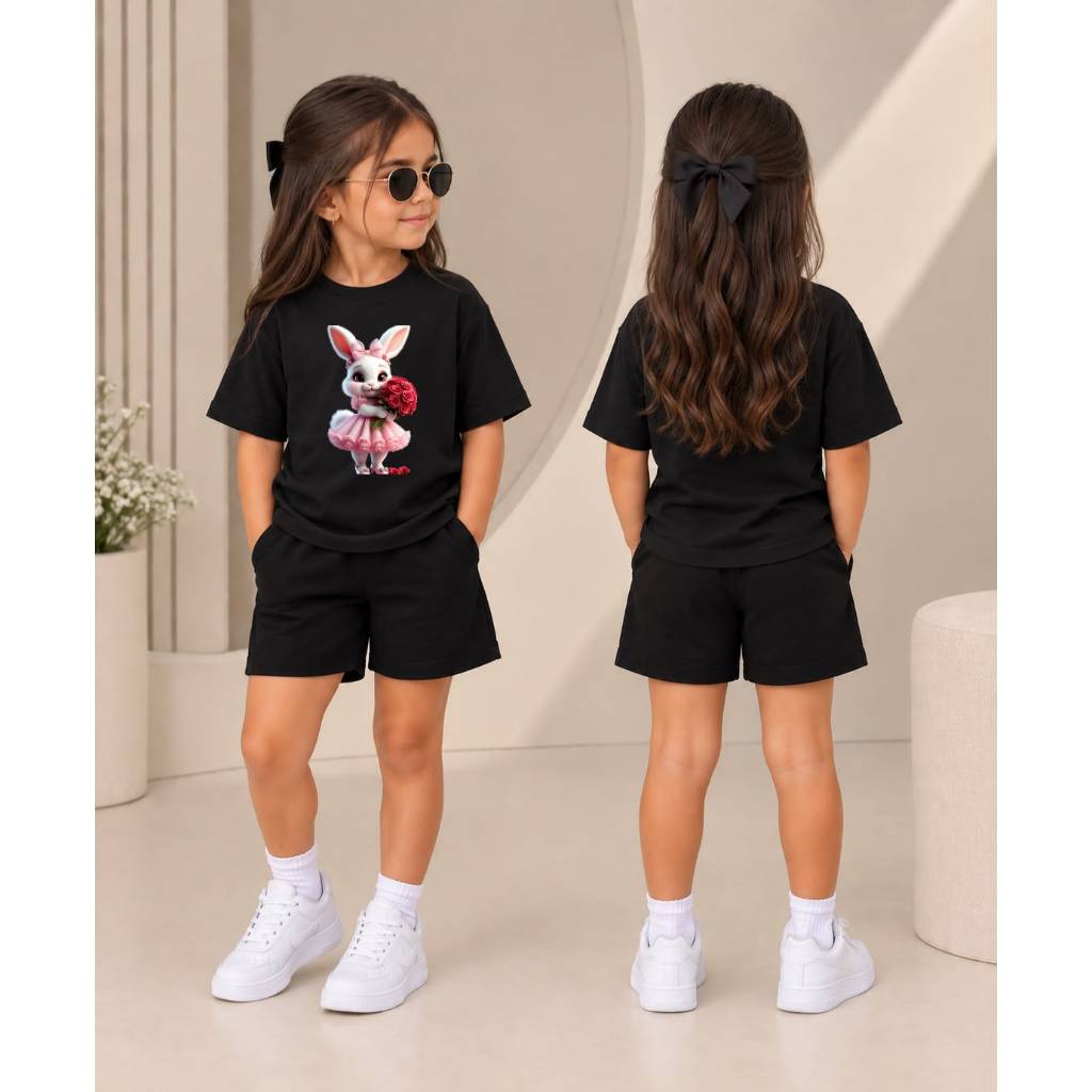 Princesinha Fashion Conjunto Infantil Feminino Camiseta Básica + Short de Moletom Estampa Coelhinha