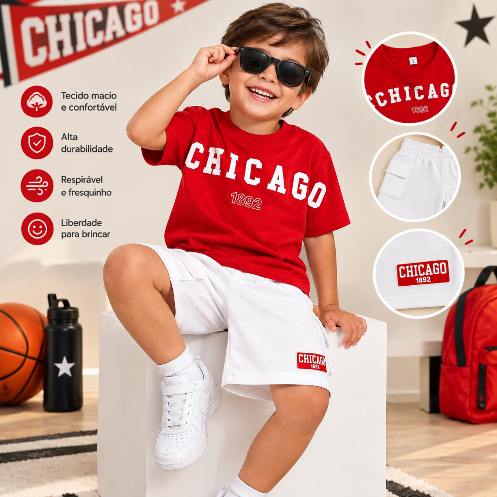 Conjunto Masculino Infantil De Verão - Blusa + Bermuda Confortável - Tamanho  2 Ao 12 Anos