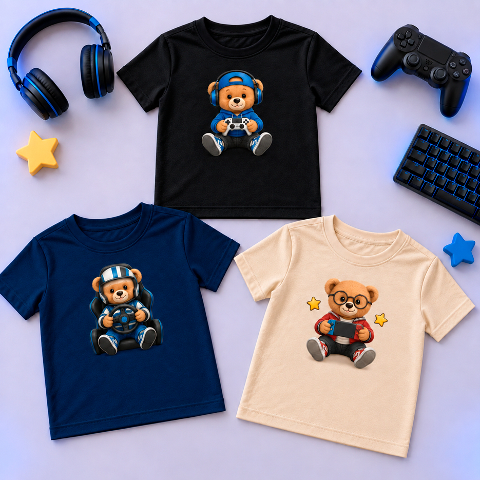Kit 3 Camisetas Masculina Infantil Juvenil Estampadas Ursinhos Gamer | T-Shirt Menino Moderna Casual Algodão