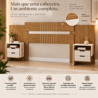 Cabeceira MDF Luiza Regulável 140cm Casal ou 160cm Queen com Gavetas Corrediça Telescópica