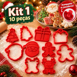 Kit Cortador Marcador de Biscoito Natalino 10 Peças com Puxador | Moldes para Biscoitos de Natal