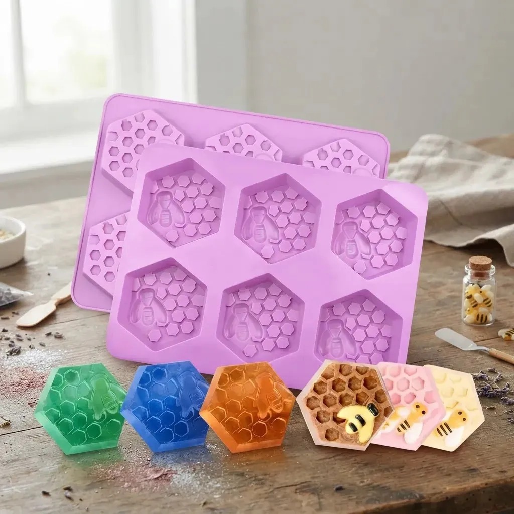 Molde Silicone Hexagonal Abelha 6 Cavidades Sabonete Artesanal Favo de mel Confeitaria Colmeia Reutilizavel Molde Silic