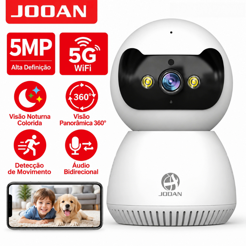 JOOAN Câmera de Segurança 5G WiFi 360° 5mp com Áudio, Visão Noturna e Rastreamento Automático | Monitoramento celular
