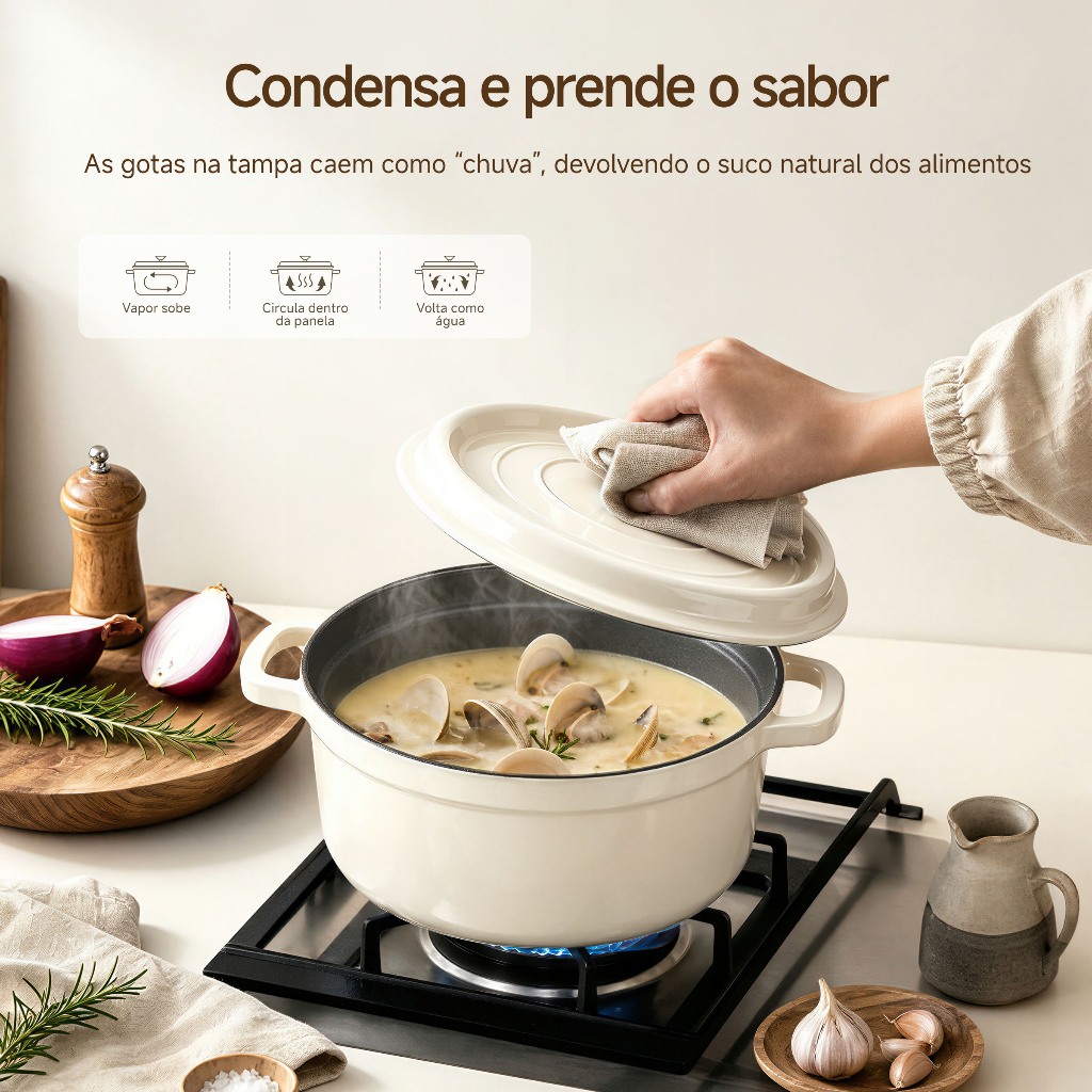 Mollycook Panela Caçarola de Ferro Fundido Esmaltado Com Tampa 22cm/24cm Branco · foto 2