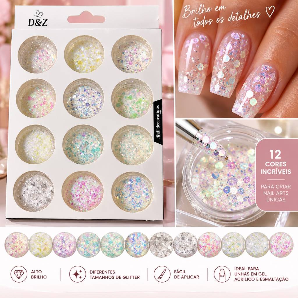 Glitter Flocado Encapsulada Decoração De Unhas Acrigel Art D&Z