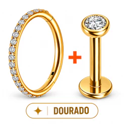 KIT Piercing Argola Click + Labret Ponto de Luz, Zircônia, Orelha, Nariz e Septo, Dourado