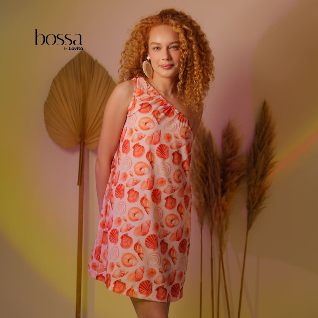 Lovito Bossa Vestido Curto Feminino Estampa Conchas Um Ombro Só DRB15421572 · foto 2