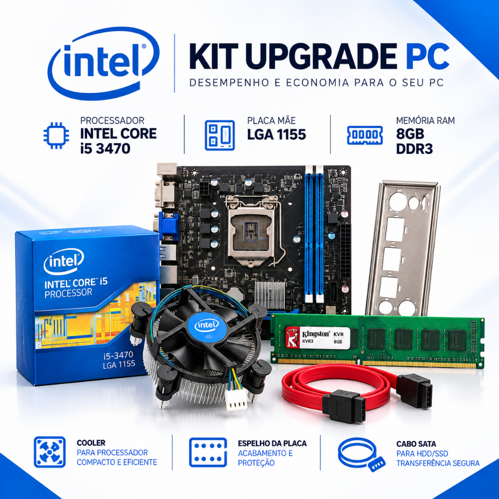 Kit Upgrade Intel Core I5 3470 H61 8GB DDR3 1600MHz LGA 1155 Cooler Montado Para PC Desktop