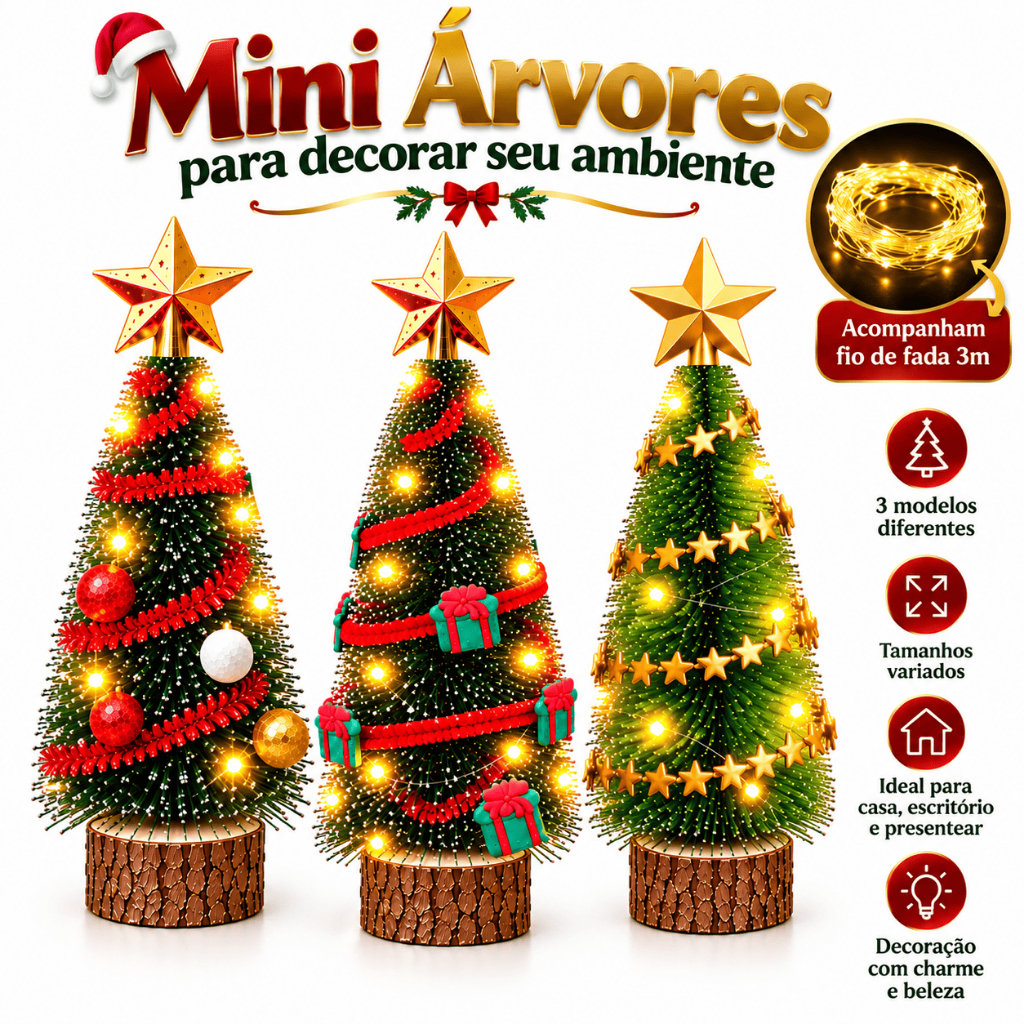 Kit de Mini Árvores de Natal Decorada com Estrelas Bolinhas ou Presentes + Fio fada a Pilha Decoração Natalina