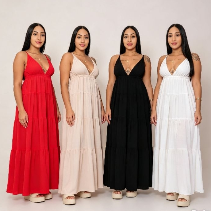 Vestido Longo Femenino Viscolinho Tres Marias com alças Regulavel Elegante Confortavel Tamanho Unico