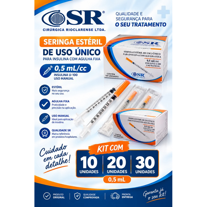 Seringa SR de 0,5 mL para Insulina e Botox, com Agulha Fixa Fina de 0,25mmx6mm 50ui