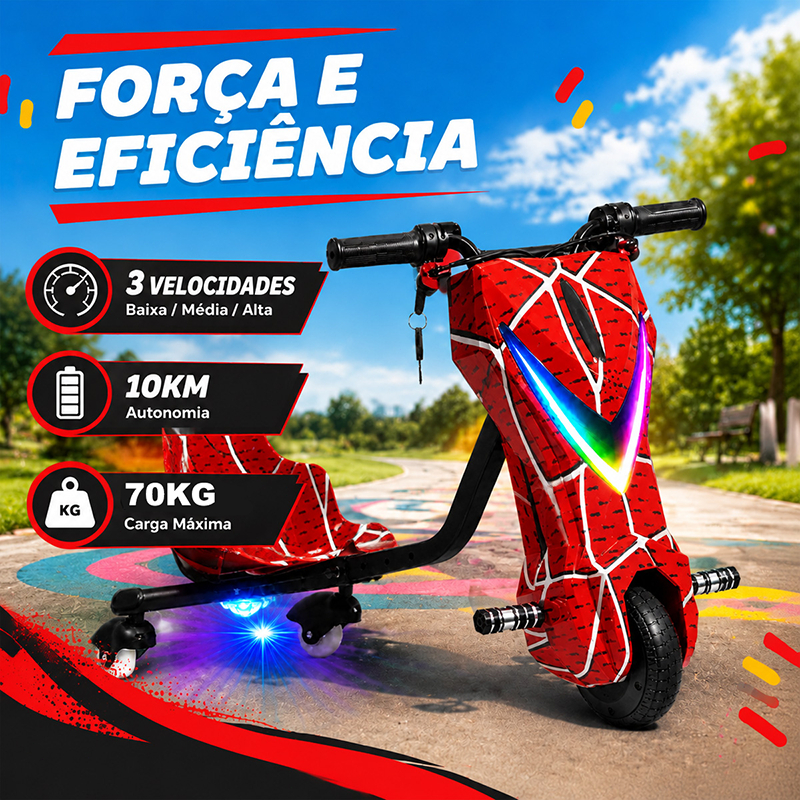 Triciclo Elétrico Infantil Drift 36V 3 Velocidades LED Com Bluetooth RED
