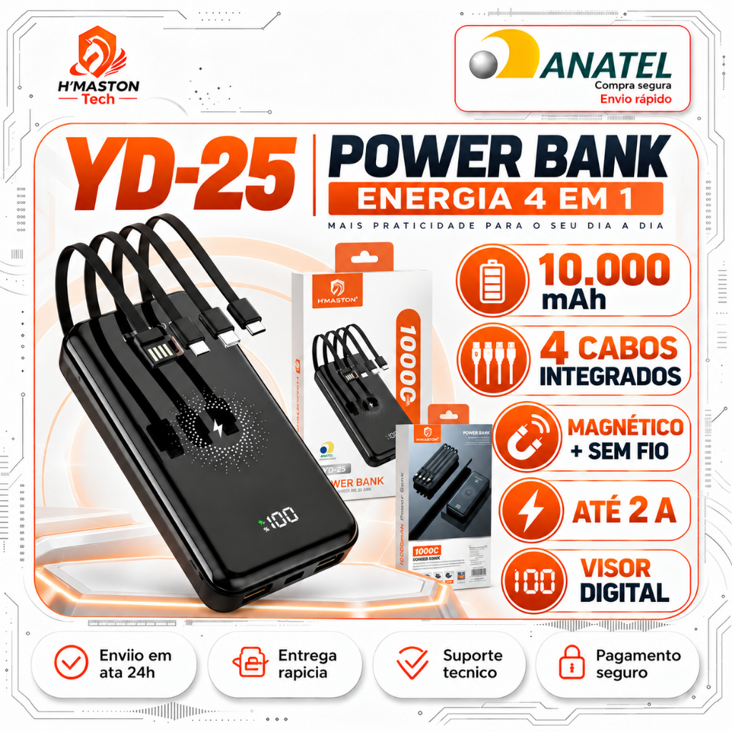 H'Maston YD-25 Power Bank Magnético Power Bank 10000mAh Carregador Portátil Para Celular Carregador De Celular Portátil