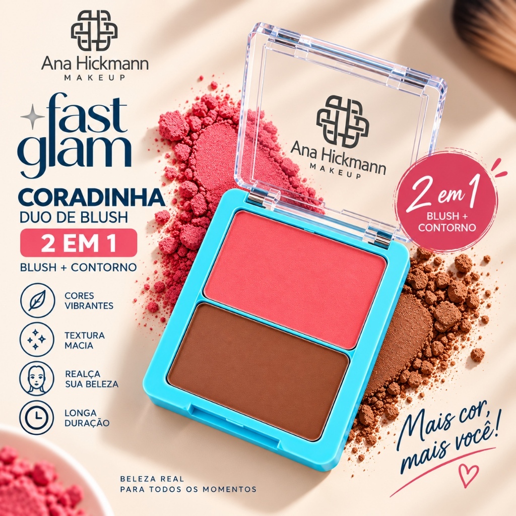Ana Hickmann Fast Glam Duo de Blush 2 em 1 | Blush + Contorno | Cor e Glow Natural para o Rosto