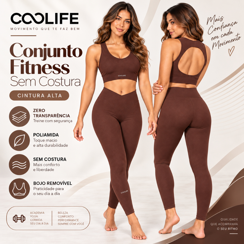 Conjunto Fitness Feminino Marrom Café Top e Legging Poliamida Zero Transparência Sem Costura Cós Alto Bojo Removível