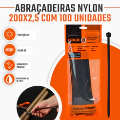Abraçadeira Nylon 200 x 2,5mm Foxlux Preta 100 Unidades