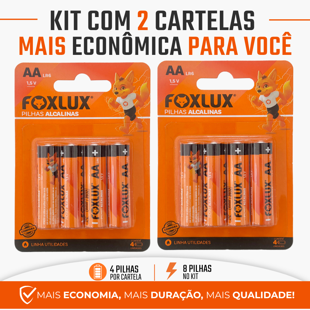 Pilha Alcalina AA Pequena Foxlux 1,5V LR6 Kit com 8