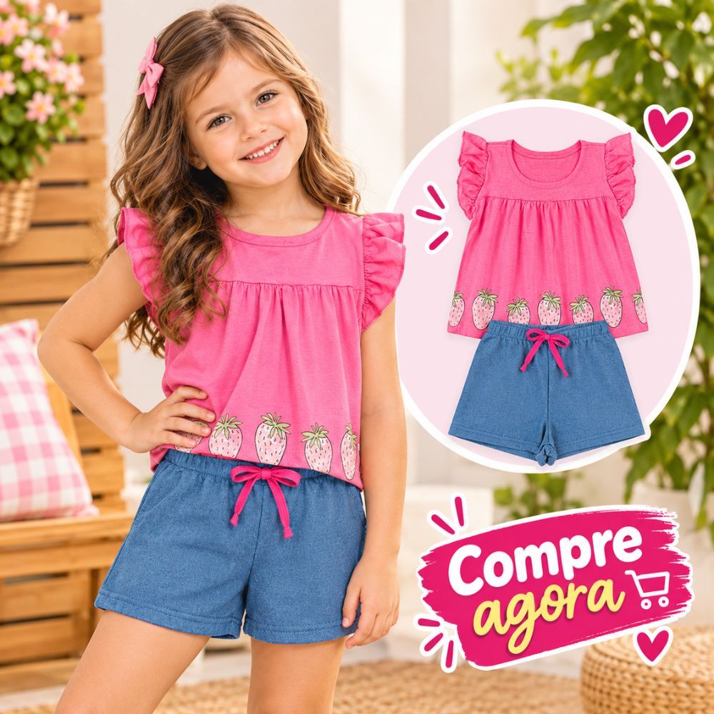 Conjunto Infantil Menina Verão Blusa com Babados Estampa Morango e Shorts Moletinho
