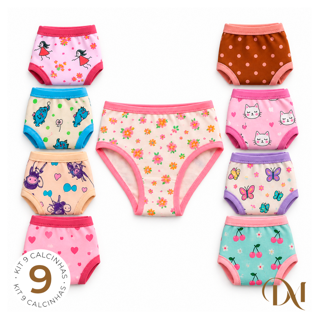 Kit 9 Calcinhas Tanga Infantil Feminina Menina Juvenil Estampadas Sortidas Elástico Antialérgico Confortável