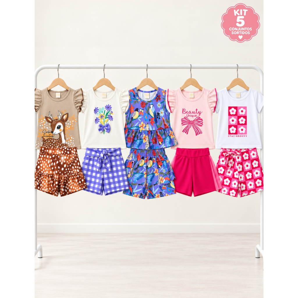 Kit 10 Peças 5 Conjuntos Completos Sortidos Menina Bebê Verão - Roupa Infantil Estilosa Confortável Algodão 1 ao 12 Anos