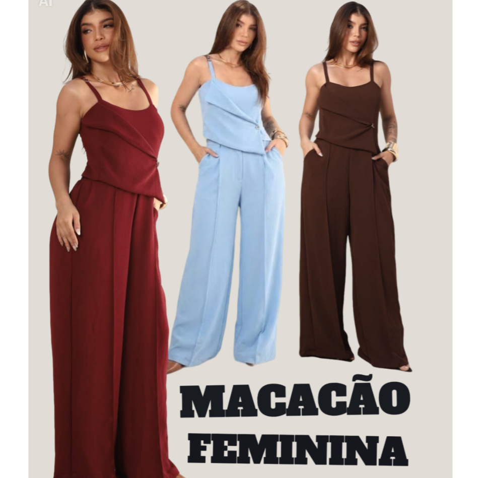 Macacão Feminino Pantalona Longo Tecido de alta qualidade duna não transparente com bojo bolsos e forrado