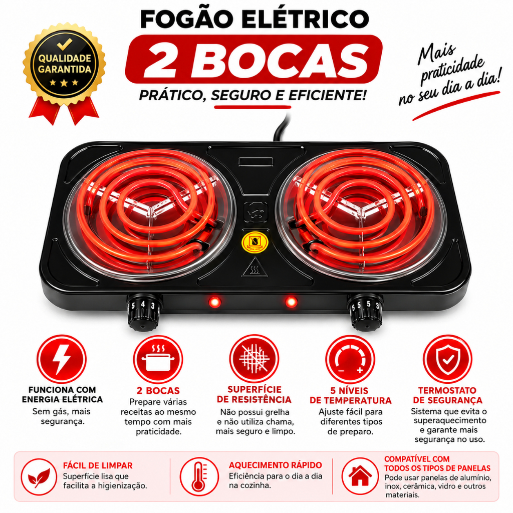 Fogareiro Elétrico 2 Bocas Portátil Camping Cooktop Cozinha 110v 220v