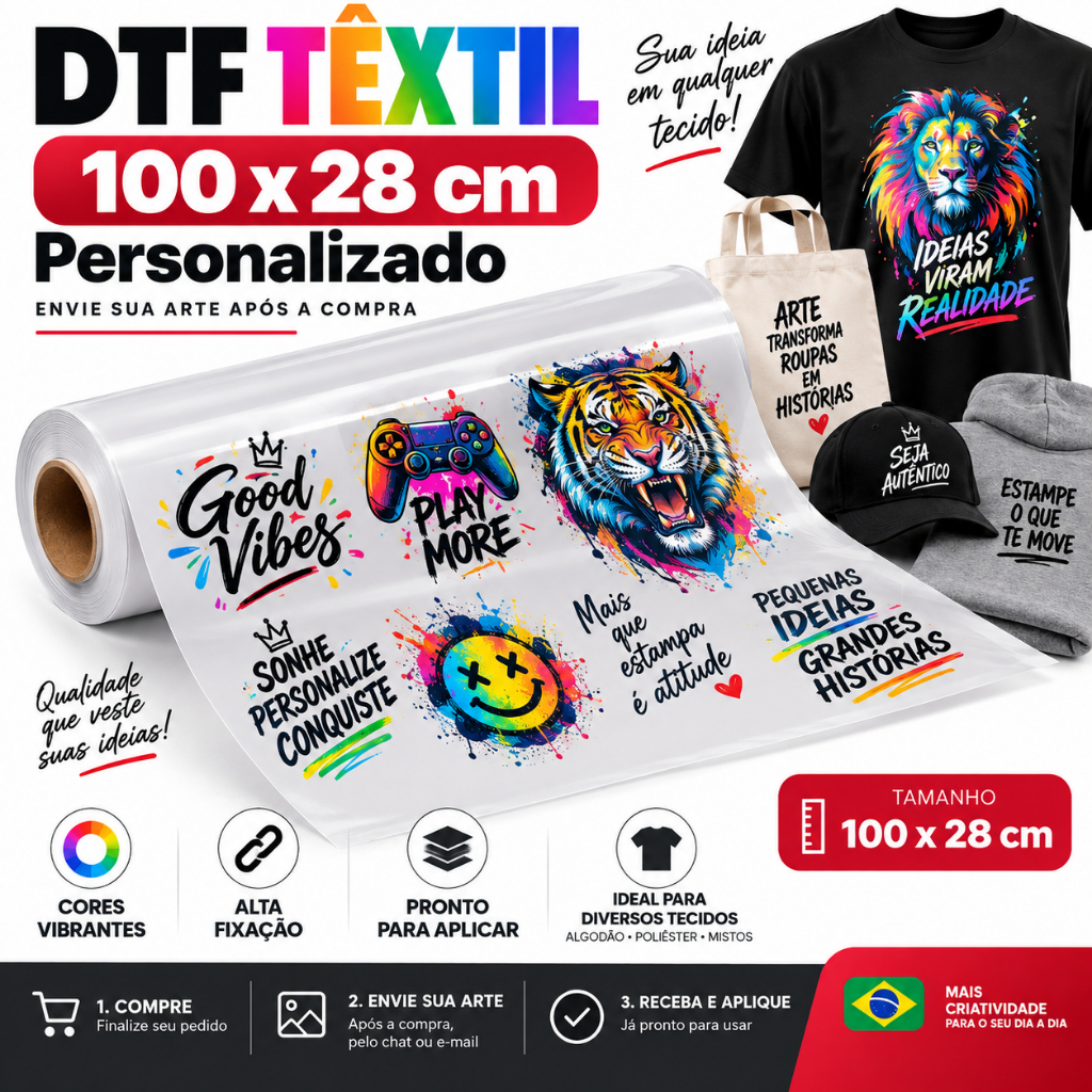Impressão DTF Têxtil 100x28cm Personalizada Alta Definição Cores Vibrantes Excelente Durabilidade para Tecidos