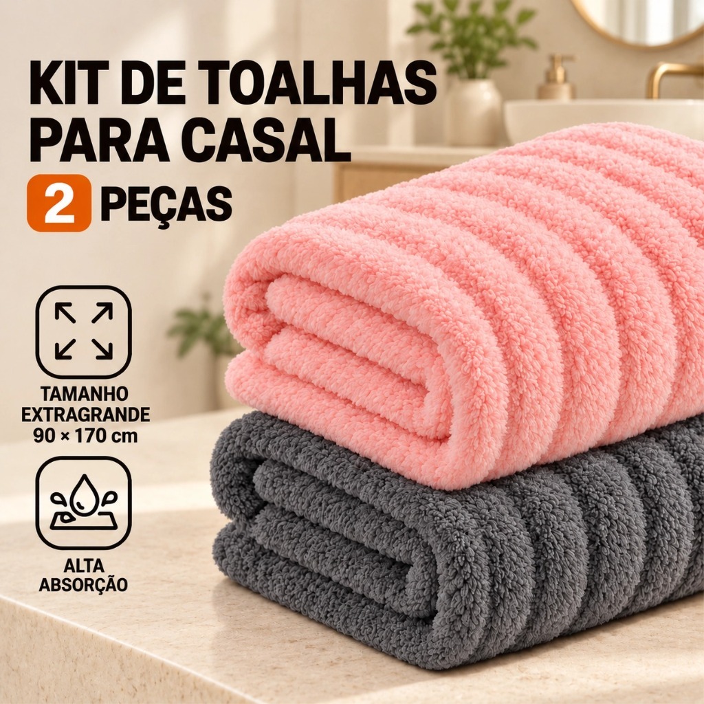 Kit 2 Toalha Banho Microfibra Coral 90x170 cm Felpuda Macia Alta Absorção 480g Conjunto para Casal
