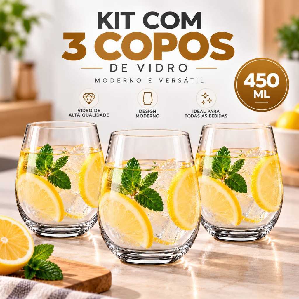Jogo Copos Kit Com 3 Copos 450 Ml Para Bebidas Sucos Agua Vidro Grosso Resistente Jogo Copos 450 Ml