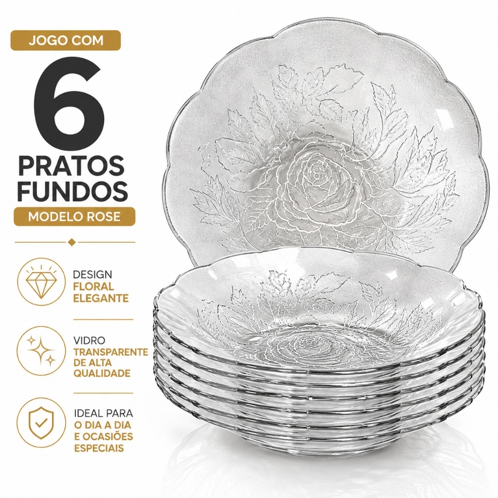 Jogo com 6 Pratos Fundos Rose 22cm de Vidro Transparente – Design Floral Elegante para Mesa Posta