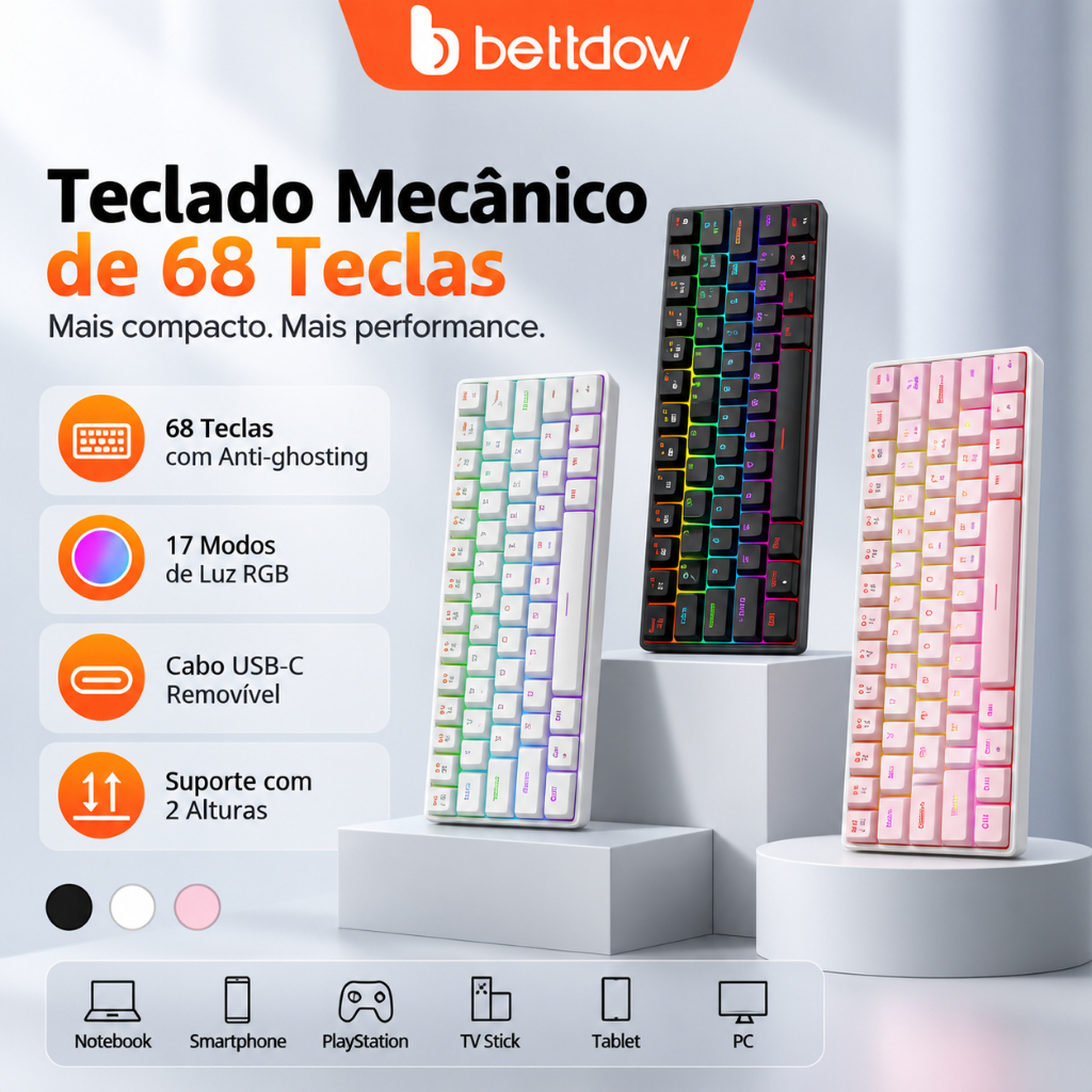 BETTDOW Teclado Mecânico Gamer 68 Teclas em Português RGB, Switch Vermelho, USB-C, Anti-Ghosting para PC e Notebook