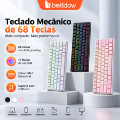 BETTDOW Teclado Mecânico Gamer 68 Teclas em Português RGB, Switch Vermelho, USB-C, Anti-Ghosting para PC e Notebook