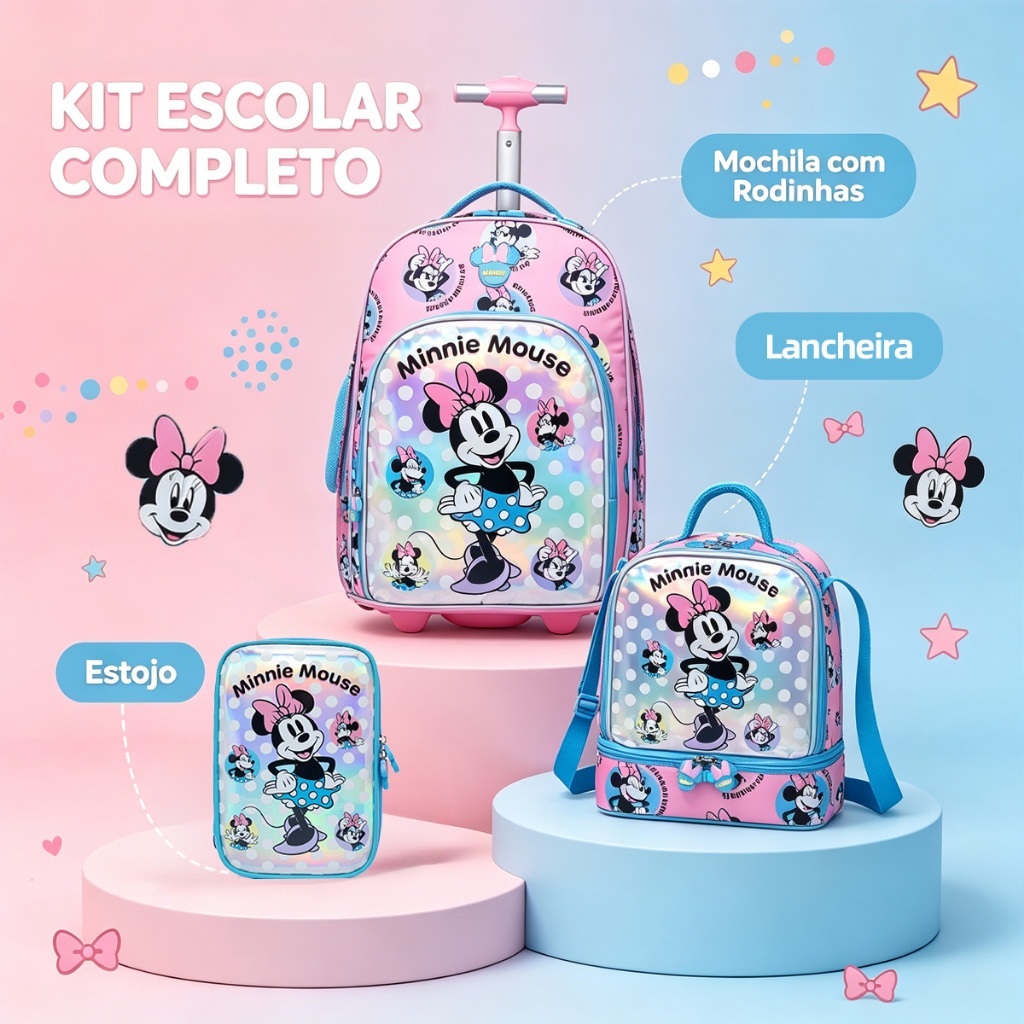 Kit Mochila Rodinhas Minnie Escolar Infantil Feminina Disney