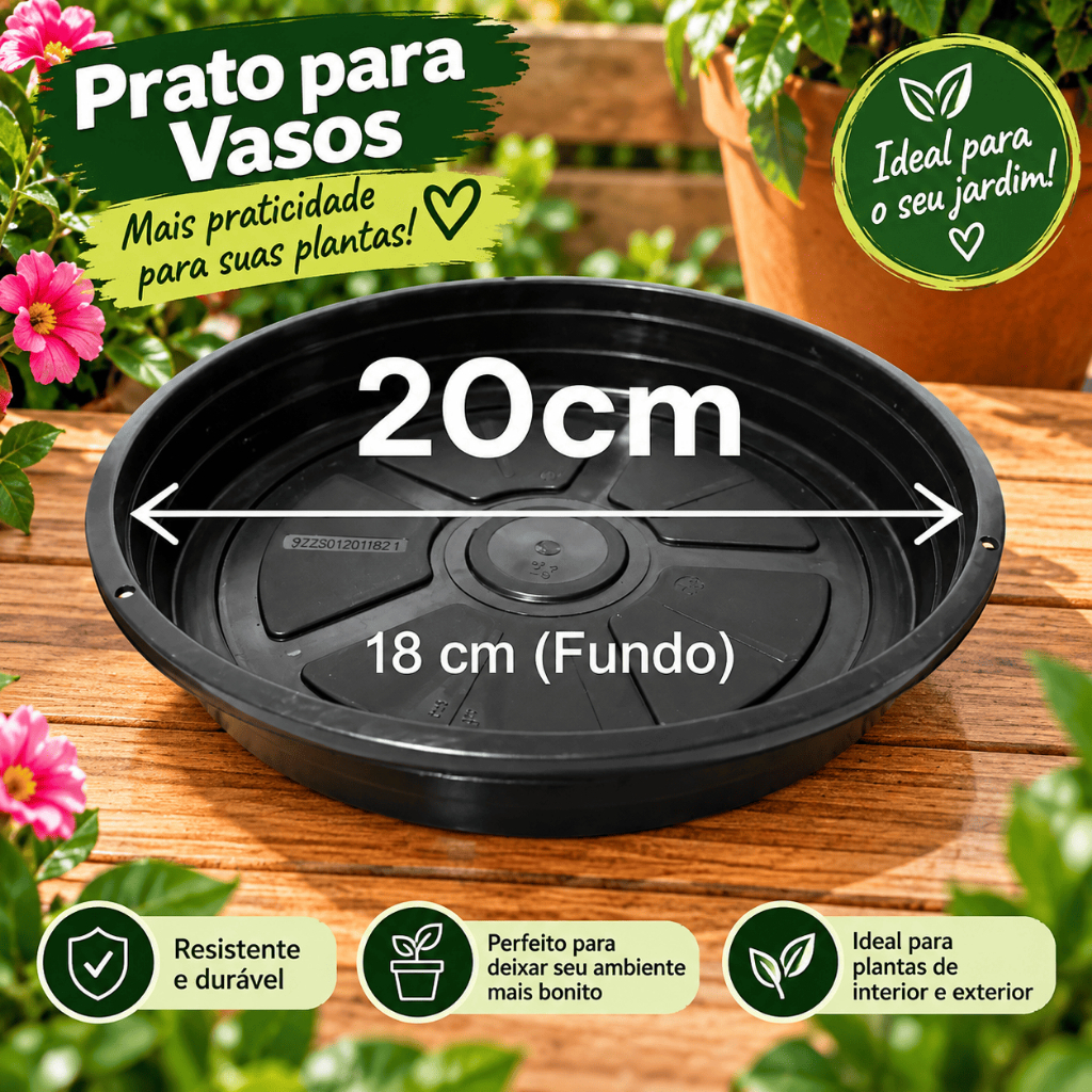 Kit 05 Pratos Plástico Redondo para Vasos Plantas 20 cm - Preto - Jardinagem