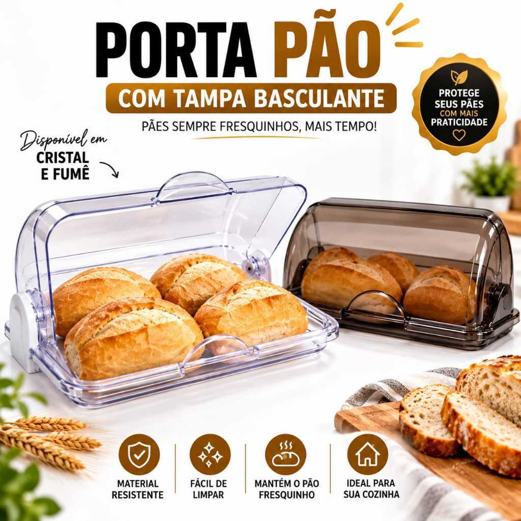Porta Pão Cristal e Fumê com Tampa Basculante - Visualize e Proteja Seus Pães - Linha Premium Keita