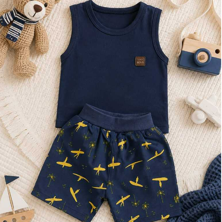Conjunto Blogueirinho Bebê Menino Regata + Short Estampado Algodão Verão RN á 4 Meses